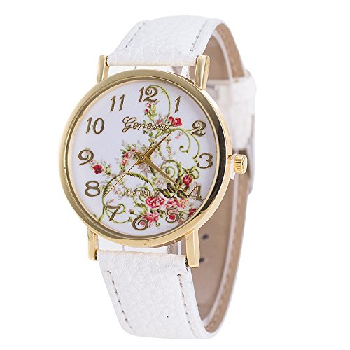 Tensay - Reloj de pulsera analógico para mujer con diseño de flores, correa de piel sintética, Blanco