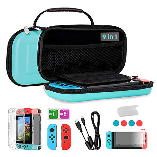 TKOOFN Fundas & Accesorios 9 en 1 Kit para Switch, EVA Estuche + 2 Fundas para Joy-con + 2 Protectores de Pantalla + Estuche Protector + 4 Tapones de Pulgar + Cable USB + Caja de Tarjetas