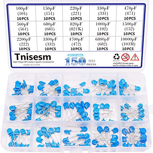 Tnisesm Juego surtido de condensadores de cerámica DIP de alta tensión, 150 unidades, 2 KV, 100 PF - 10000 PF, en una caja Tn-20-2