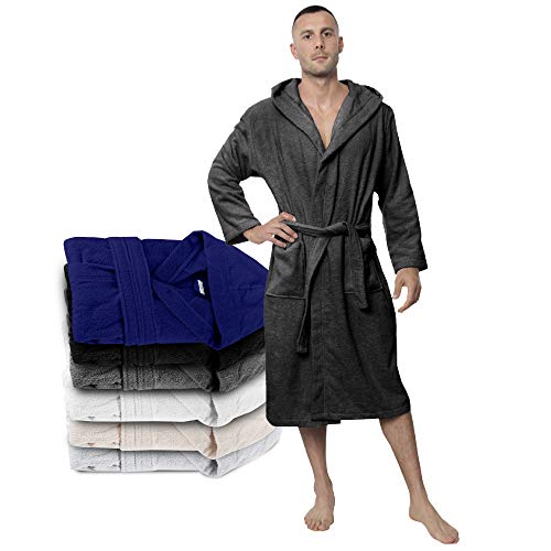 Twinzen Bata Hombre, Albornoz de baño (XL, Gris Oscuro) - Oeko Tex, No Producto Químico - Albornoz de Algodón con Capucha, 2 Bolsillos, Cinturón para Hombre - Bata Baño Suave, Absorbente y Cómoda