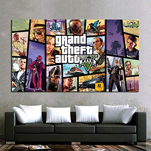 WKHRD 1 Pieza HD Imagen de Dibujos Animados Grand Theft Auto V Videojuego póster Pintura GTA 5 Juegos Arte impresión Lienzo Pinturas Arte de Pared | 60x105cm- (sin Marco)