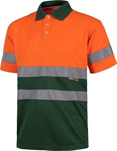 Work Team Polo Combinado Alta Visibilidad Manga Corta. Cintas Reflectantes Torso y Mangas. EN ISO 20471:2013 Hombre Naranja AV+Verde Oscuro L