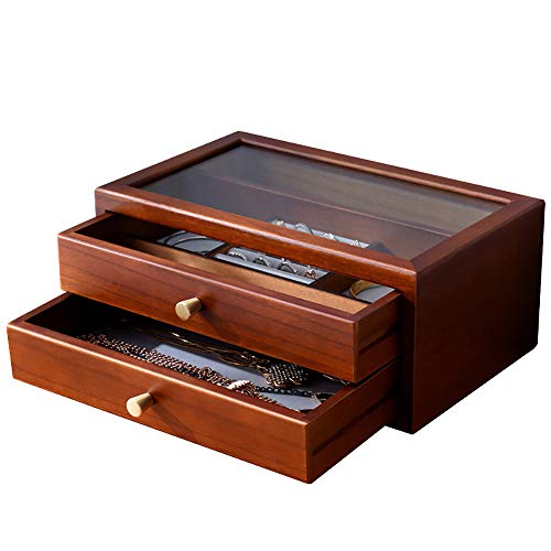 XM&LZ 2 Cajones Estuche De Joyas con Tapa De Vidrio,Madera Caja Joyero Organizador para Las Mujeres,Desmontable Joyas Bandeja para Collares Anillos Stud De Oreja Relojes Marrón 32x19x13cm(13x7x5inch)