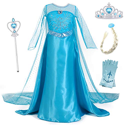 YOSICIL Vestido de Princesa Elsa Vestido Frozen Niñas Disfraz Traje de Cumpleaños Ninas Fancy Dress Nina Disfraz Elsa Princesa Cosplay con Accesorios Traje de Arrastre 3-10Años 110-150cm