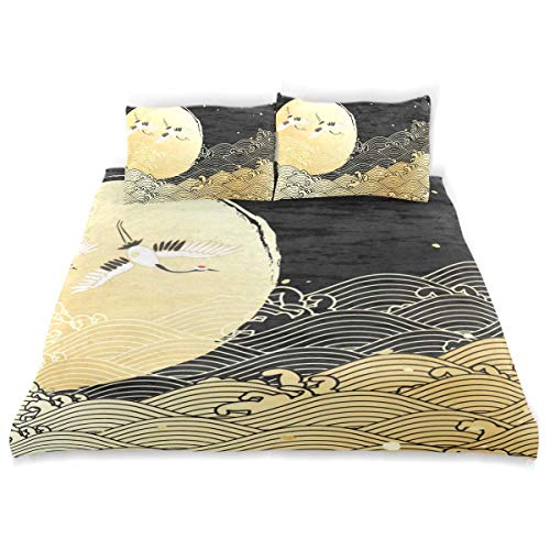 Yoyon Juego de Funda nórdica Crane Cranberry On Golden Sun Wave Juego de Cama Decorativo de 3 Piezas con 2 Fundas de Almohada