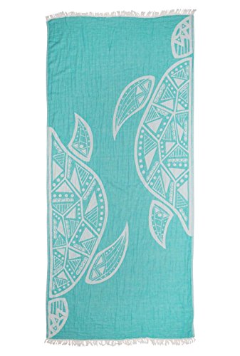 ZusenZomer Fouta Playa Toalla Hammam XL 95x200 - Toalla Turca Grande para Vacaciones Playa Sauna - 100% Algodón - Comercio Justo Toallas Hammam (Verde mar, Tortuga - 95 x 200 cm)