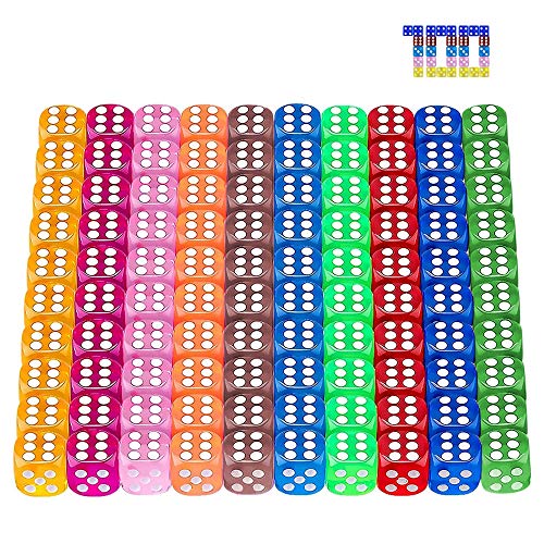 100 Piezas 6-Caras Dados Set,10 Colores Diferentes Dados,Juego de Dados,Translúcidos Dados,Dados para Tenzi, Farkle, Yahtzee, Bunco o la enseñanza de Las matemáticas,Dados de Seis Caras