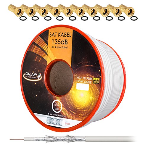 135dB Cable coaxial SAT de 50 m Cable coaxial de cobre puro Cable de antena Blindaje de 5 pliegues para DVB-S/S2 DVB-C y DVB-T + 10 enchufes F chapados en oro con anillos de goma de HB Digital