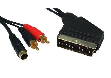 1.5m Scart to RCAx2 + SVHS Cable ~ 24k Gold Plated ~ 4-Pin SVHS (S-Video) ~ Twin RCA (Left & Right Audio) ~ 21-pin (Fully Wired) Scart Connector
