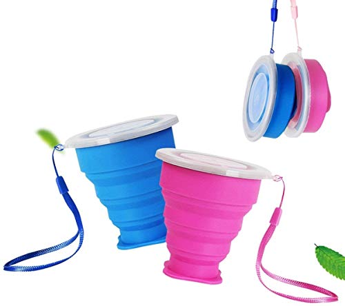 2 pcs Tazas de Viaje 200ml de Silicona Plegable Portátil y Reutilizable,Vaso Con Tapa sin BPA para camping senderismo y Viaje.(Azul y Rosa)