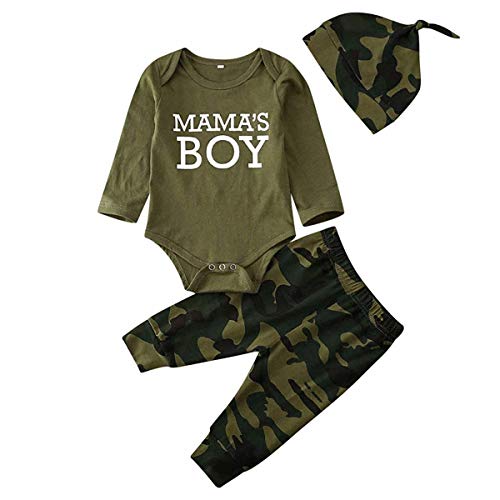 3 Piezas Traje de Bebé Recién Nacido Mameluco de Manga Larga con Letras Mama´S Girl/Boy + Pantalones Largos de Camuflaje + Diadema/Gorro Bodysuit Mono para Niños Niñas (Niño, 0-6 Meses)