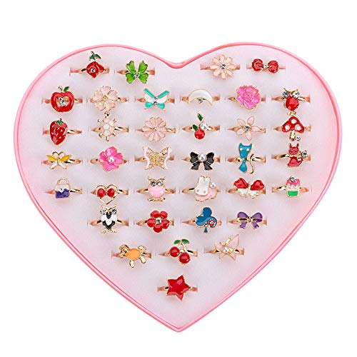 36 piezas Anillos para niña, Anillos Niña Juguete anillos de dedo de colores ajustables Princesa Joyería Anillos de dedo con forma de corazón Caja para niños Favores de la fiesta de cumpleaños