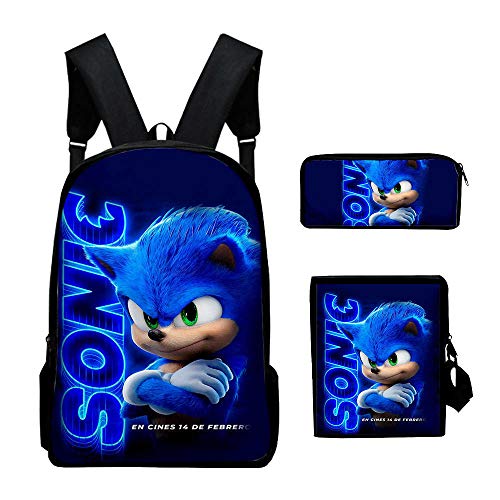 3PC / Set Mochila para niños, Juego Sonic The Hedgehog Patrón Estudiantes Mochilas Escolares Dibujos Animados Anime Adolescentes Mochilas Set