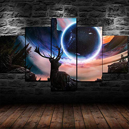 5 Piezas Lienzos Cuadros Pinturas Universo Mágico De Deer Planet Cuadros Modernos Impresión Imagen Artística El Arte De La Pared del Hogar Salón Oficina Mordern Decoración Sin Marco