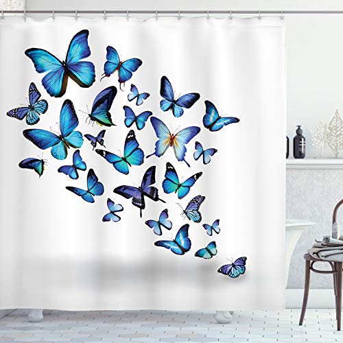 ABAKUHAUS Mariposas Cortina de Baño, Naturaleza Botánico Primavera, Material Resistente al Agua Durable Estampa Digital, 175 x 220 cm, Blue Sky Blue Negro