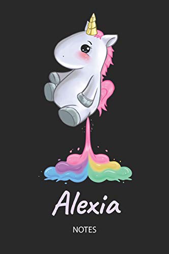 Alexia - Notes: Noms Personnalisé Carnet de notes / Journal pour les filles et les femmes. Kawaii Licorne pétant arc-en-ciel. Accessoires de licorne ... cadeau original anniversaire femme.