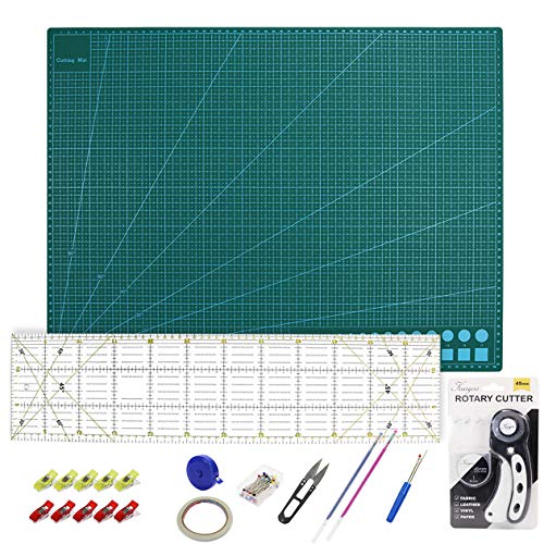 Alfombrilla de Corte A2 + Cúter Rotativo + Cuchilla de Repuesto + Patchwork de Regla + Abrazadera de Plástico + Alfileres,Juego de Patchwork