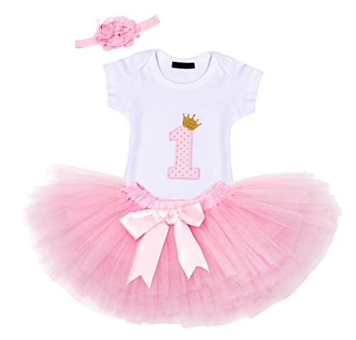 AmzBarley Bebé Niña Vestido Cumpleaños Treaje Falda Romper Diadema My 1st Birthday Primer Cumpleaños Mameluco Disfraz Fiesta Carnaval Venda