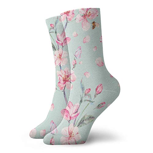 Anime calcetines de flores de cerezo rosa, abeja recogiendo miel súper suave de secado rápido transpirable calcetines deportivos unisex de la tripulación calcetines de 30 cm