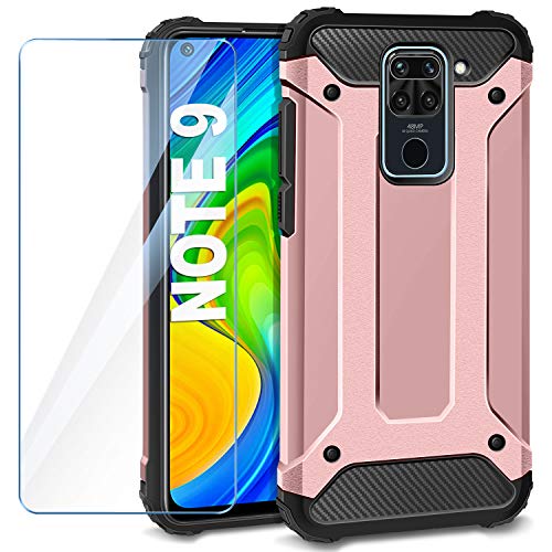 AROYI Funda Compatible con Xiaomi Redmi Note 9 con Protectores Pantalla Cristal Templado, Robusta Carcasa Híbrida TPU y PC de Doble Capa Anti-arañazos Caso para Xiaomi Redmi Note 9, Oro Rosa