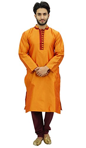 Atasi Conjunto de Pijama Kurta de para Hombre Conjunto de Camiseta de Bollywood etnica Orange Dupion-X-Large