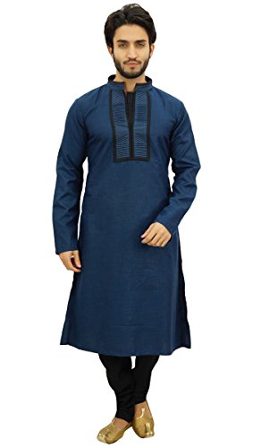 Atasi Diseñador Azul Masculino Kurta Pijama De Algodón Largo Determinado De Punjabi Camisa-X-Large