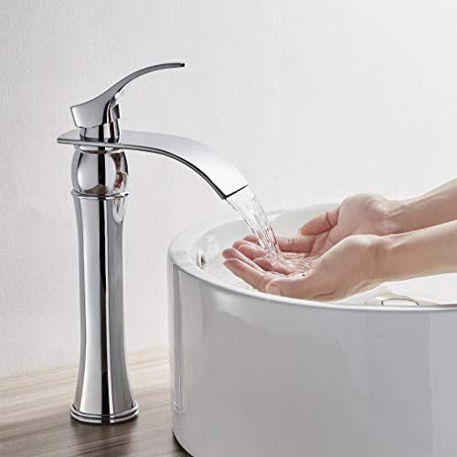 Auralum Cascada Grifo Mezclador de Baño, Función de Ahorro de Agua, Grifería Monomando Alto Cromado de Baño Lavabo Mezclador para Baño