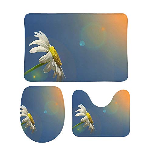 Bathroom Mat Rug Set Non Slip Including U-Shaped Contour Mat Toilet Seat Cover ?Daisy White Sun Extra Soft Coral Fleece Memory Foam 3 Piece 15"×25"