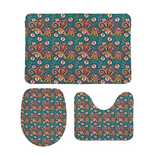 Bathroom Mat Rug Set Non Slip Including U-Shaped Contour Mat Toilet Seat Cover Paisley Ethnic Pattern Blue Extra Soft Coral Fleece Memory Foam 3 Piece 15"×25"