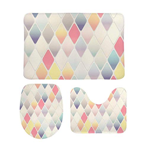 Bathroom Mat Rug Set Non Slip Including U-Shaped Contour Mat Toilet Seat Cover ?Rhombus Geometric White Extra Soft Coral Fleece Memory Foam 3 Piece 15"×25"