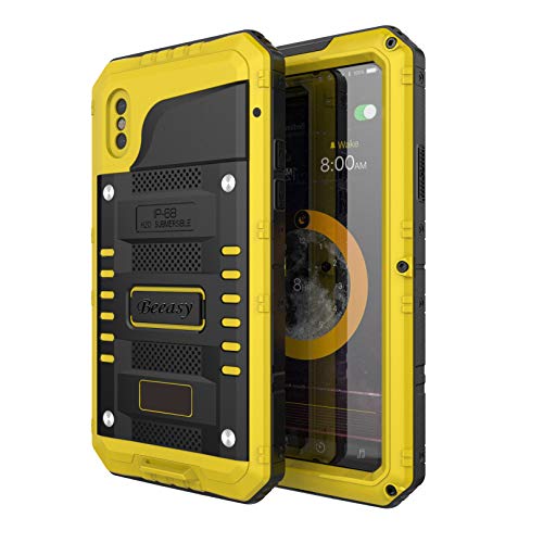 Beeasy Funda Antigolpes iPhone XS, [Sumergible] Carcasa Impermeable Resistente Reforzada Acuática Waterproof Metálica Grado Militar Resistente Antipolvos Case para iPhone 10S,Amarillo