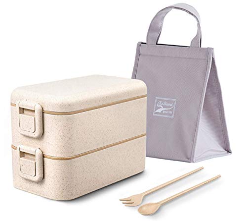 Beeptrum Fiambrera Bento de dos capas con bolsa de almuerzo y juego de cubiertos reutilizables, apta para microondas y lavavajillas, respetuosa con el medio ambiente y sin BPA (2 capas beige)