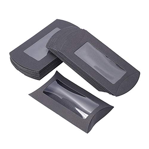 BENECREAT 30PCS Cajas de Papel Kraft Negro en Forma de Almohada 10.5x7.4x4.2cm con Ventana Transparente Caja de Embalaje de Dulces, Caja de Regalo para Ducha de Bebé, Cumpleaños