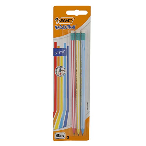 BIC Evolution Stripes Lápices de Grafito HB con Goma Incorporada – colores Surtidos, Blíster de 3 unidades