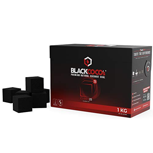 BLACKCOCO's Carbón para shisha CUBES25, 1 kg, carbón natural de coco y barbacoa, briquetas de coco de alta calidad para pipa de agua y barbacoa, dados de carbón y carbón para shisha