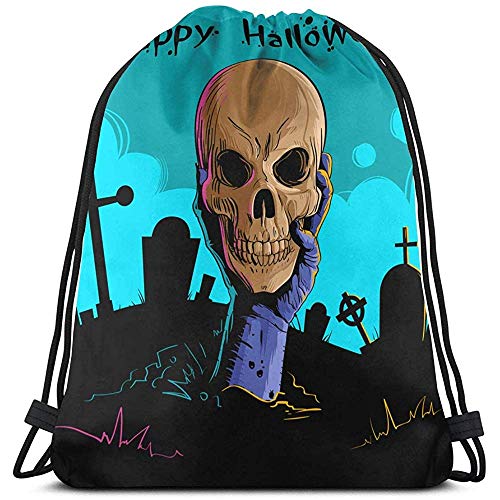 Bolsas con Cordón De Gimnasio,Mochila con Cordón,Zombie Asimiento De La Mano Cabeza del Cráneo Muerto Brazo De Muertos Vivientes Desde El Cementerio De Tierra Ilustración De Vector De Halloween Bols