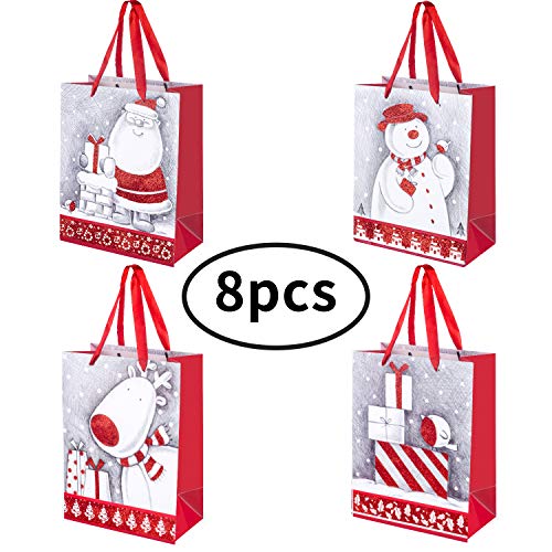 Bolsas para Regalo Navidad, 8 Bolsas de Papel con Asa, 4 Diseños de Patrones Diferentes, Adecuado para Regalos de Navidad, Decoración de Fiesta de Cumpleaños, Bolsas de Dulces, Bodas, Compras