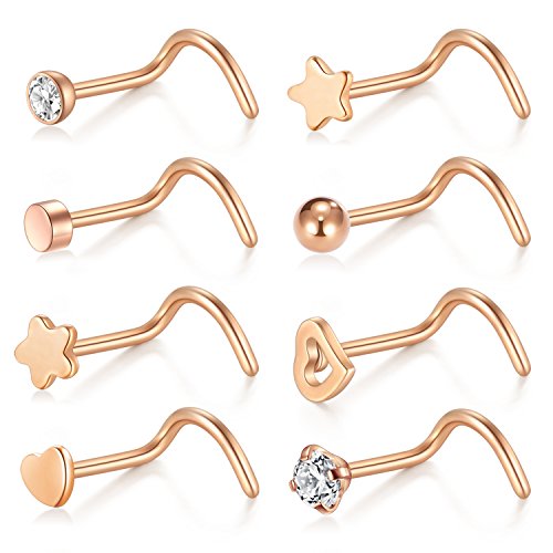 Briana Williams 20G 8 Unids Nose Screw Studs Anillo de Acero Inoxidable Zirconia Ball Heart Star Flat Top Nostril Retenedor Joyería Piercing