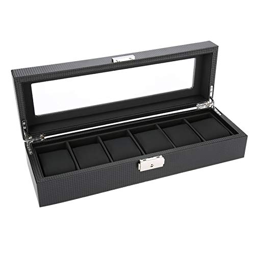 Caja de reloj de cuero con ranura de pu de 6 rejillas, organizador de vitrina de reloj de tablero medio, almacenamiento de joyas de vidrio, negro, para guardar relojes personales