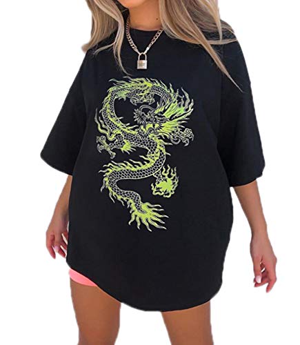 Camiseta con Estampado de dragón de Moda para Mujer Camisetas de Manga Corta Suelta de Estilo Hip Hop de Estilo Rock