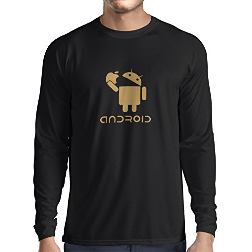 Camiseta de Manga Larga para Hombre Android Comiendo la Manzana - Me encantan los Gadgets tecnológicos, Regalo de Humor (X-Large Negro Oro)