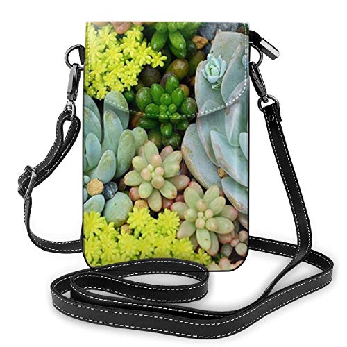 chenguang4422 Premium PU Leather Crossbody Bag Cell Phone Purse, Lightweight Mini Smartphone Pouch with Adjustable Shoulder Strap, Miniature Succulent Plants