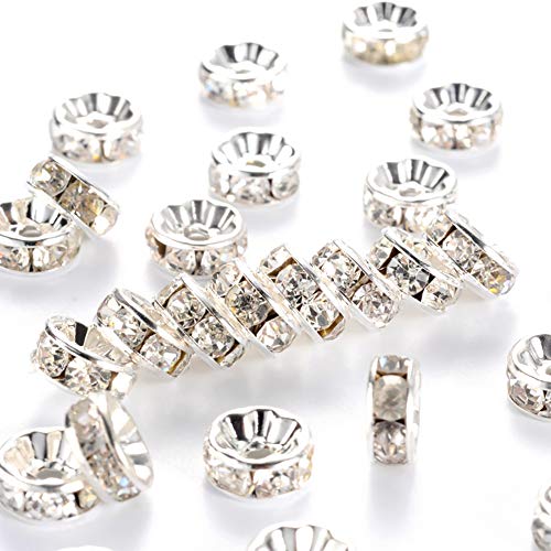 Cheriswelry, 20 unidades de cuentas espaciadoras de diamantes de imitación chapados en plata, 8 mm, redondos, transparentes, para hacer joyas