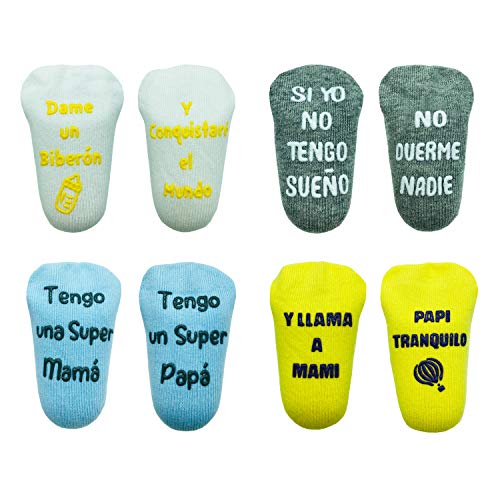 Cincobebé Juego de Calcetines Antideslizantes para Bebé/Recién Nacido,con Frases en Español Divertidas Lindas para Niños y Niñas,Apto para Todas las Estaciones,4 Pares,Unisex,Caja Regalo