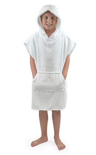 CityComfort Poncho De Toalla con Capucha para Niños Bata para Cambiarse con Bolsillos | De Algodón 100% | Ideal para Vacaciones, Natación, Surf, Playa, Baño (10/13 años, Blanco)