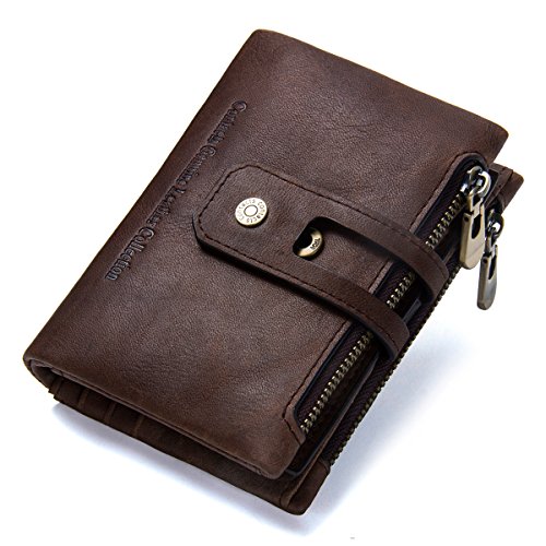 Contacts Cartera corta para hombre y mujer, de piel auténtica, con doble cremallera RFID, para tarjetas y monedero.