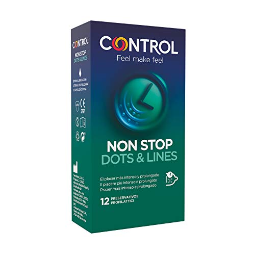 Control Preservativos Non Stop Dots & Lines - Caja de condones, Con puntos y estrías para la estimulación, efecto retardante, perfecta adaptabilidad, sexo seguro, 12 unidades