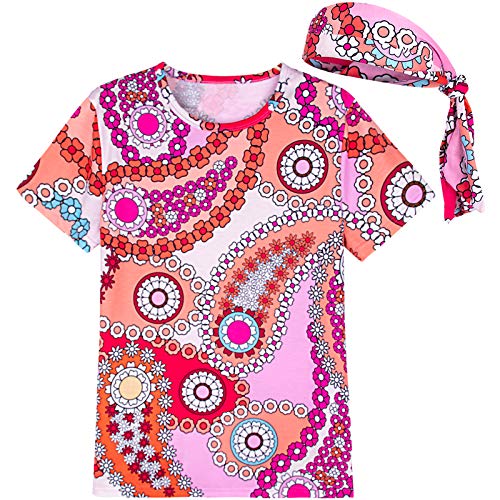 COSAVOROCK Mujer Disfraz de Hippie Flower Power Camiseta y Diadema (M, Rosa)