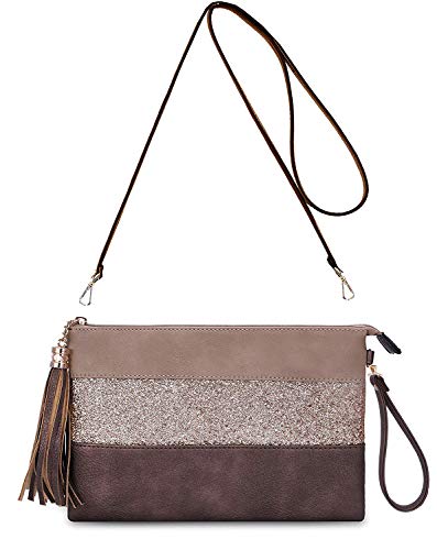 CRAZYCHIC - Bolso Bandolera Lentejuelas Mujer - Cartera de Mano Cuero PU Rayas - Bolsos de Fiesta Noche Embrague Pochette Clutch - Bolsos Hombro Crossbody Mensajero Moda - Marrón Café