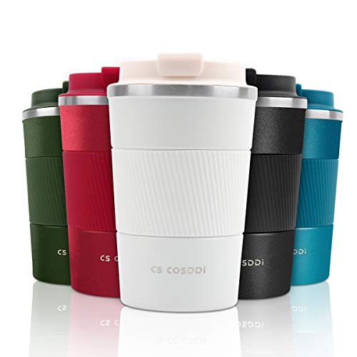 CS COSDDI Tazas de viaje aisladas con tapa a prueba de fugas, tazas de café reutilizables, taza de café para coche, taza térmica de acero inoxidable para agua caliente y fría y té de 380 ml (blanca-A)